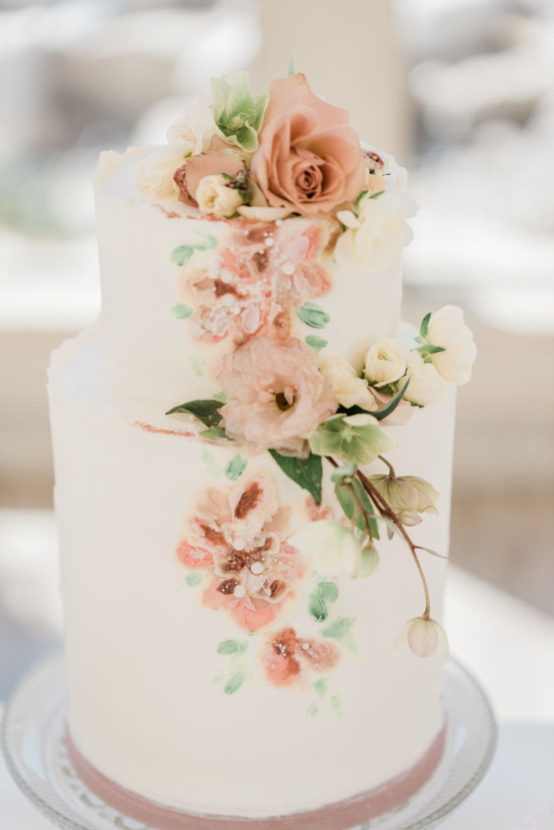 Cream sparkle wedding cake with painted buttercream floral design by Manda Mobley Cake Studio | White Orchid Photography