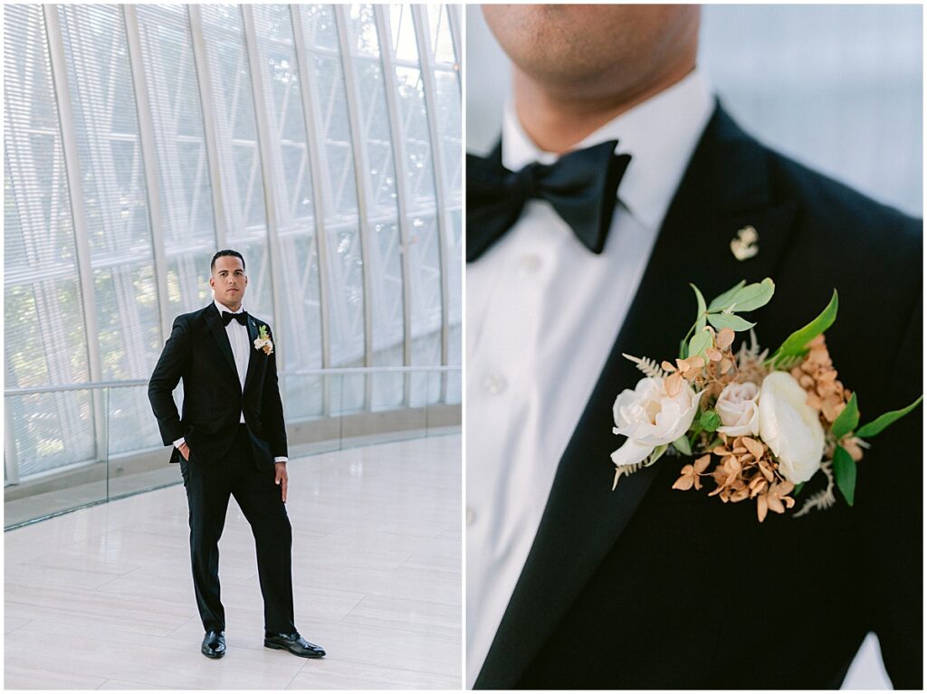 Groom wearing black suit and black bowtie with flower boutonniere at Dallas Meyerson Symphony Center Wedding