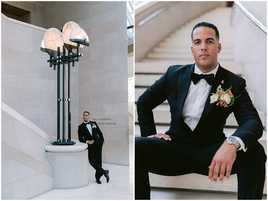 Groom wearing black suit and black bowtie with flower boutonniere at Dallas Meyerson Symphony Center Wedding