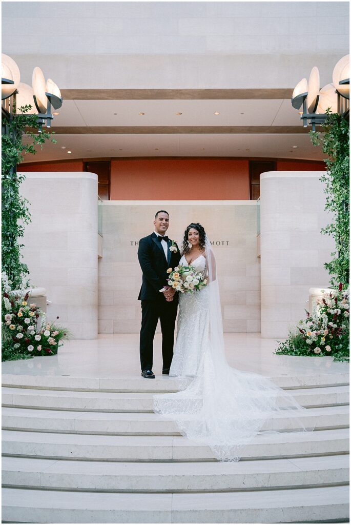 Bride and groom standing at ceremony site at Dallas Meyerson Symphony Center Wedding