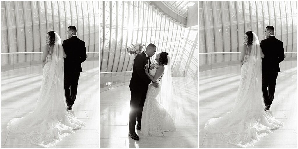 Black and white wedding portraits at Dallas Meyerson Symphony Center