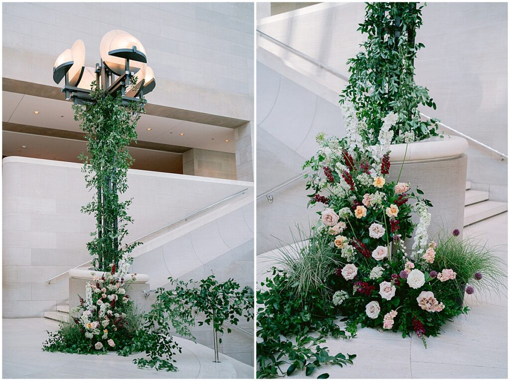 Florals including greenery, peach and burgundy blooms