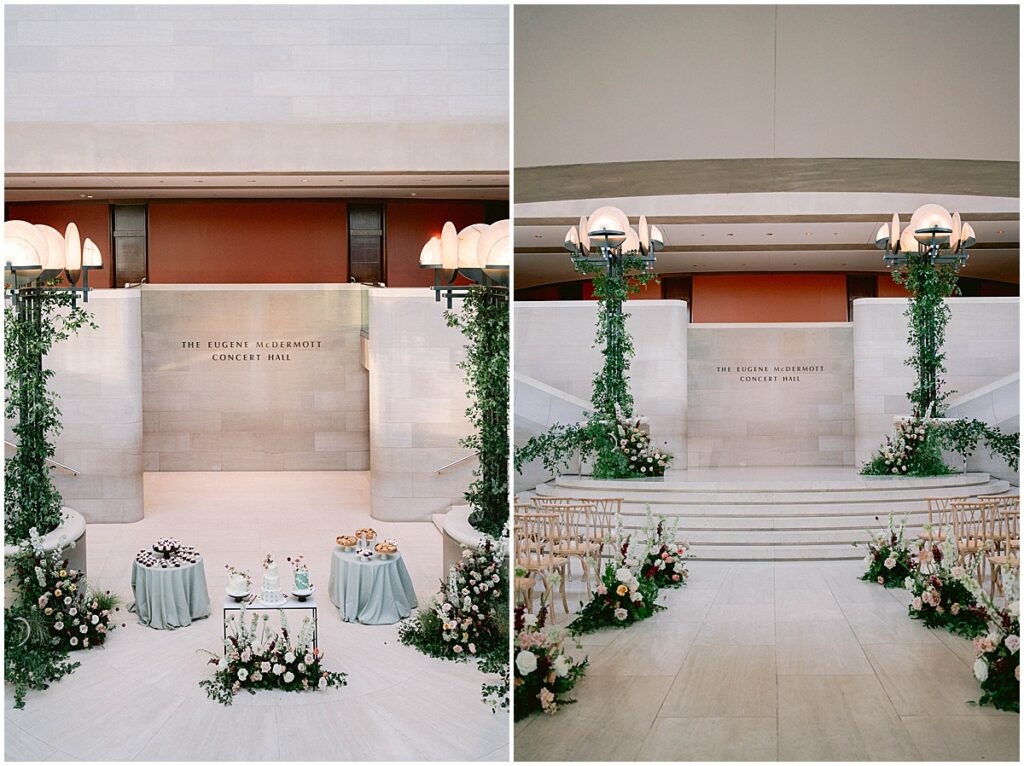 Wedding ceremony decorated with florals at Dallas Meyerson Symphony Center