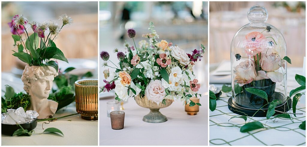 Florals in a roman vase and in a glass vase on a wedding table 