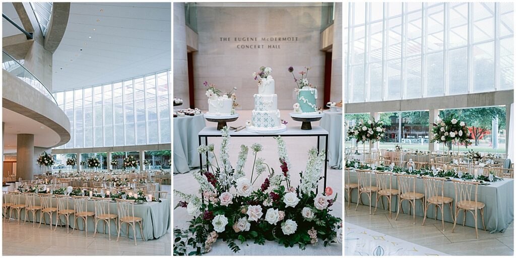3 tiered wedding cake and wedding reception tables set up at Dallas Meyerson Symphony Center Wedding