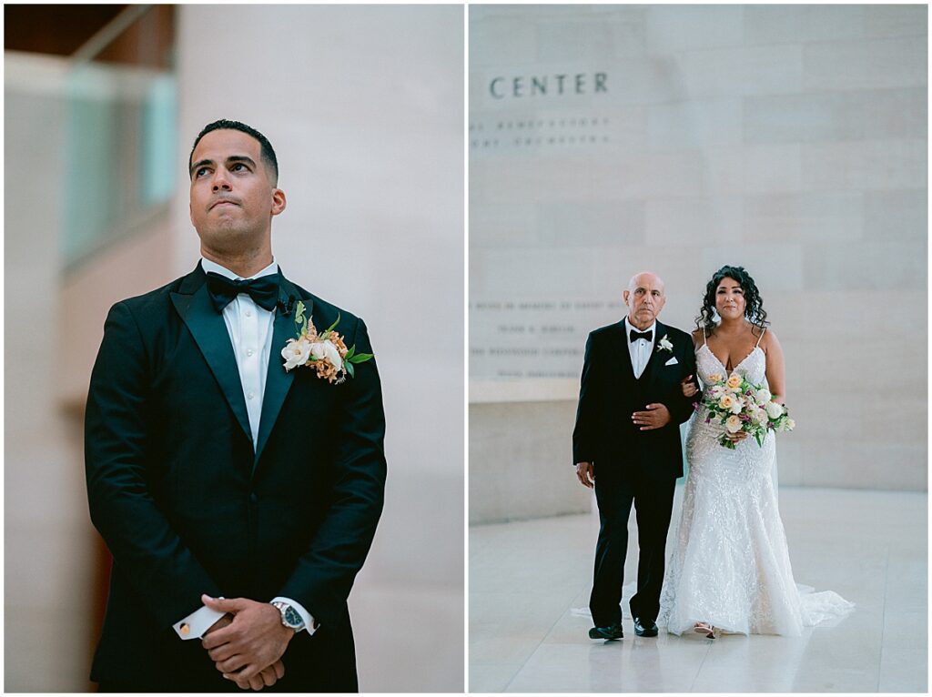 Groom waiting for his bride to walk down the aisle, bride walking with her father at Dallas Meyerson Symphony Center Wedding