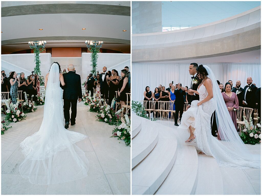 Bride walking down the aisle with her father and then walking up steps with the groom at Dallas Meyerson Symphony Center Wedding