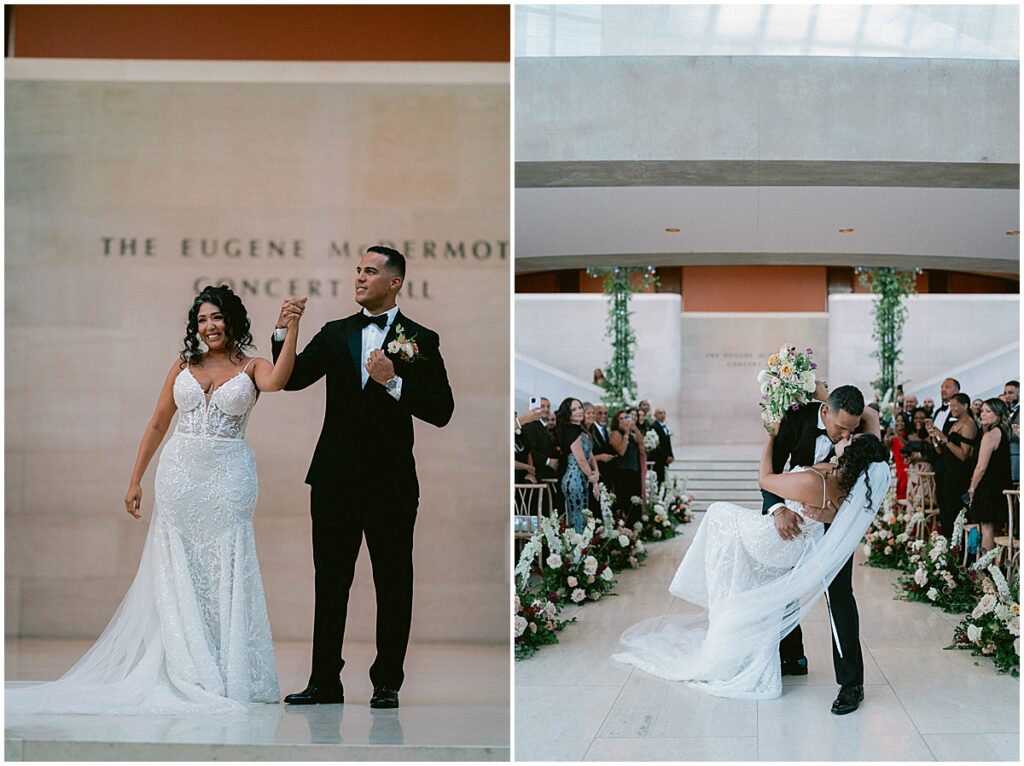 Bride and groom just married at Dallas Meyerson Symphony Center Wedding