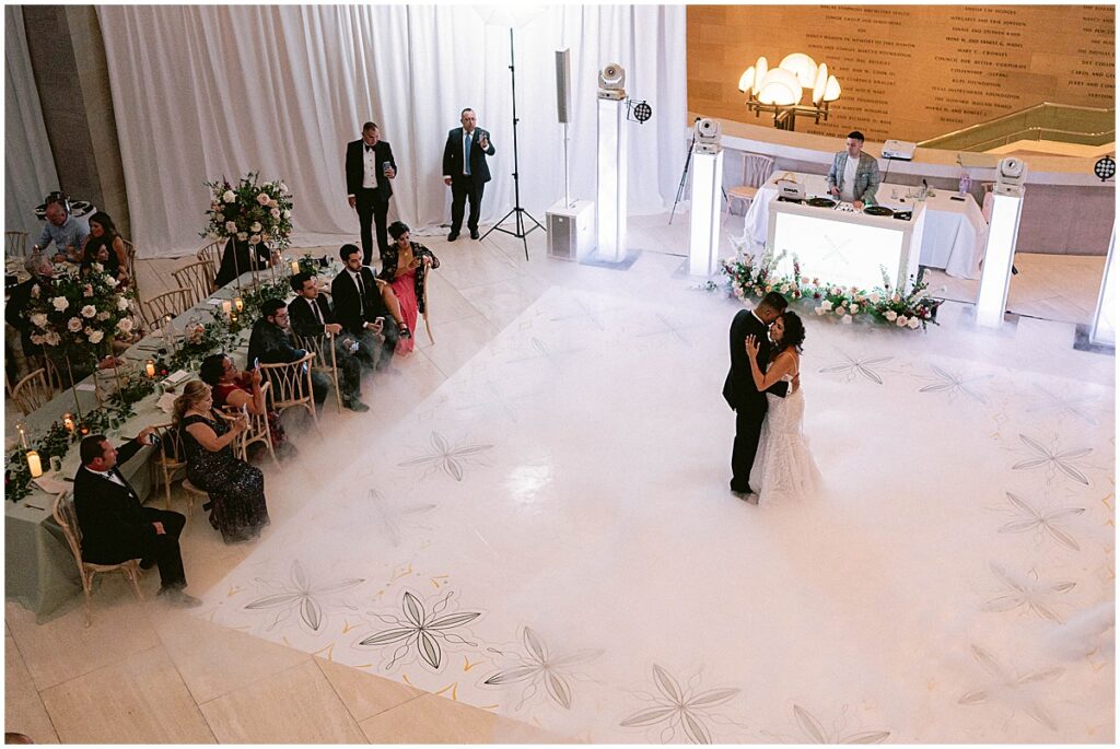 Bride and groom first dance viewed from above at Dallas Meyerson Symphony Center Wedding