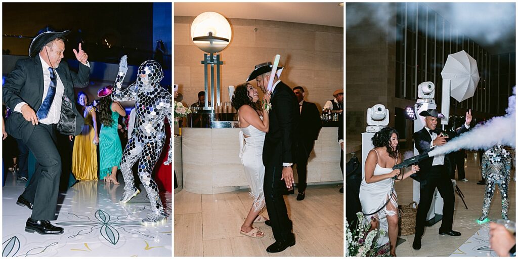Guests at wedding reception in Dallas with disco ninjas, glow sticks and dry ice spray
