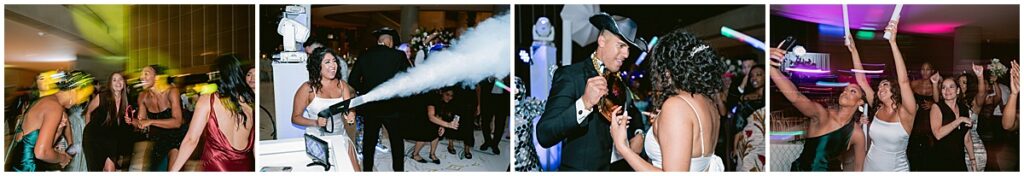 Guests enjoying wedding reception at Dallas Meyerson Symphony Center Wedding with glow sticks and dry ice sprays