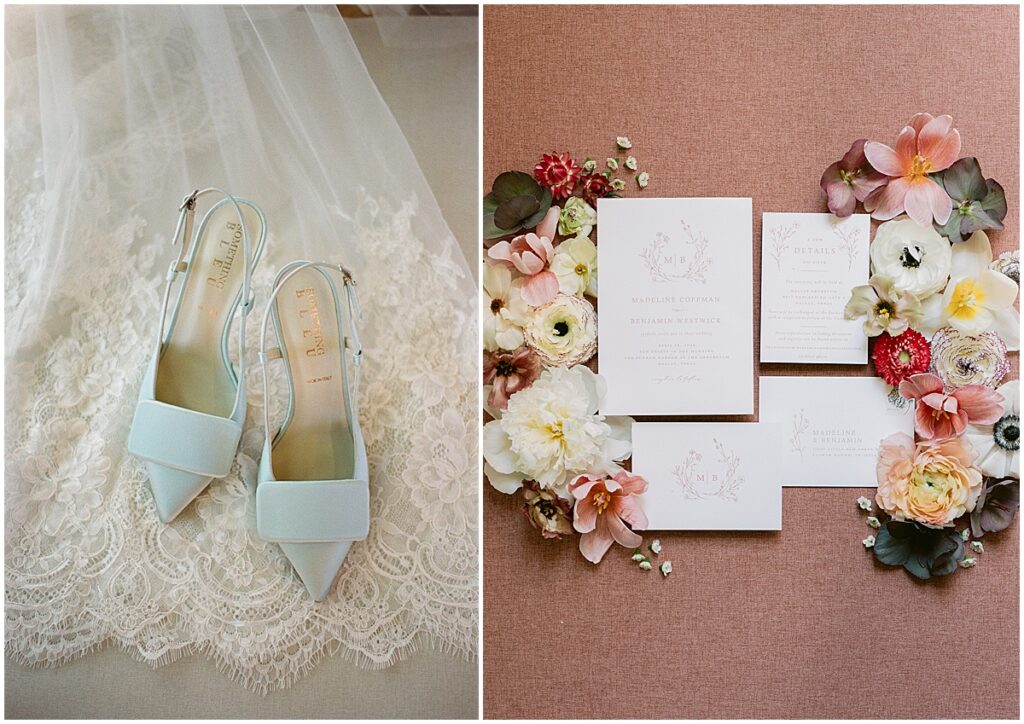 Pale blue shoes on a veil and flatlay of invites and florals