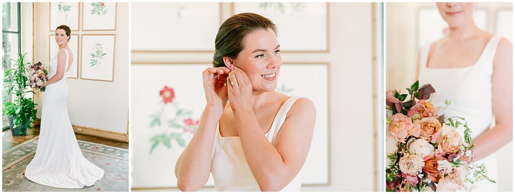 Bridal portraits of bride putting earrings in and holding colorful bouquet