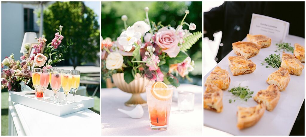 Orange and pink cocktails and mini quiches at spring wedding at the Dallas Arboretum