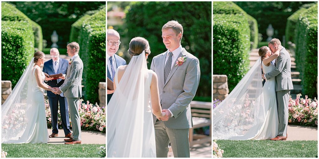 Bride and groom exchanging vows at outdoor wedding at the Dallas Arboretum
