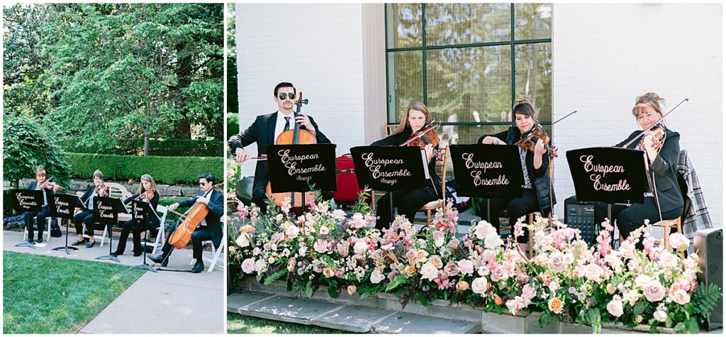 String quartet playing at a spring wedding at the Dallas Arboretum