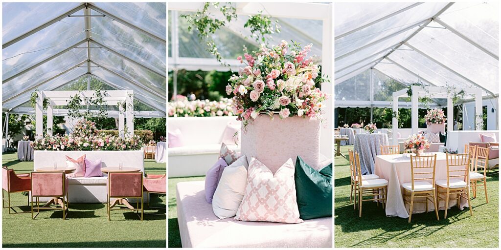 Florals, wedding lounge area and wedding reception tables at Dallas Arboretum wedding