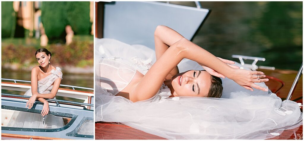 Bride relaxing on a boat on Lake Como