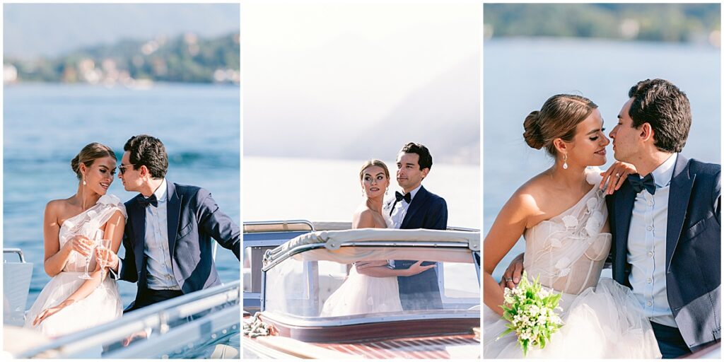 Bride and groom on boat on Lake como for elopement wedding