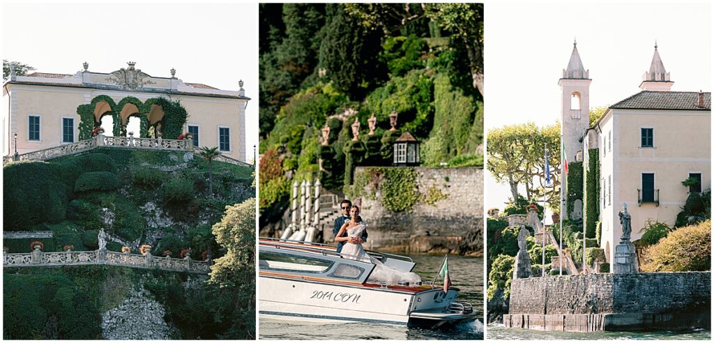 Lake Como Buildings and bride and groom on a boat on Lake Como