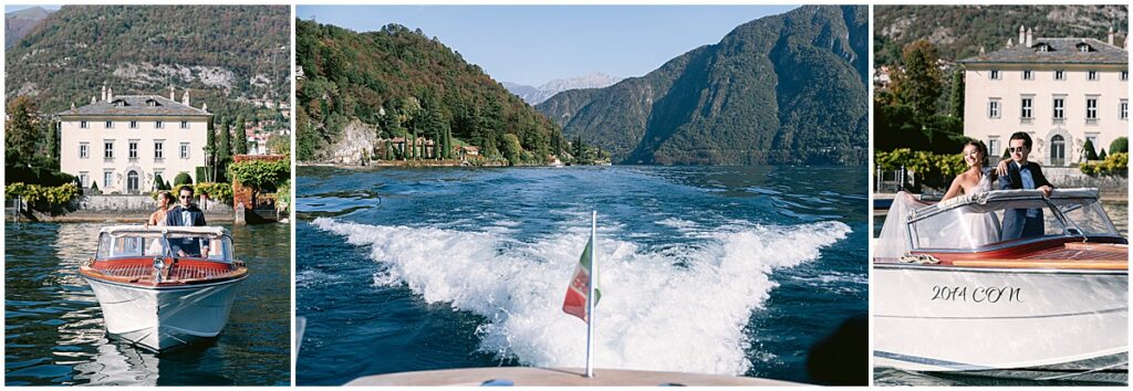 View of boat sailing on Lake Como, wedding couple celebrating elopement wedding on a boat on Lake Como