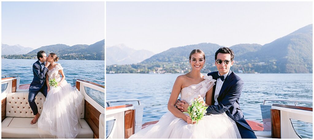 Bride and groom on a boat on Lake Como, Italy