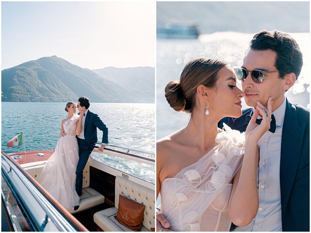 Bride and groom celebrating elopement on a boat on Lake Como