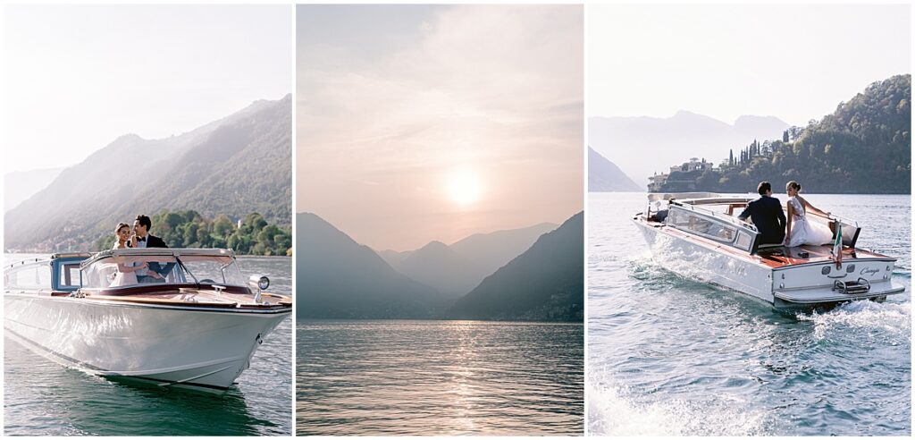 Sun setting as bride and groom sail on boat on Lake Como
