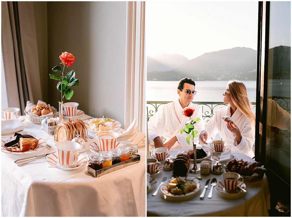 Couple having breakfast on the balcony of hotel Tremezzo, Lake Como elopement