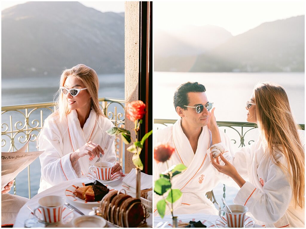 Couple having breakfast on the balcony of hotel Tremezzo, Lake Como elopement