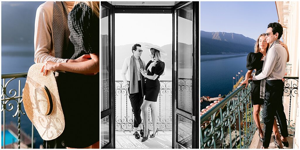 Engagement shoot on balcony of Hotel Tremezzo, Lake Como