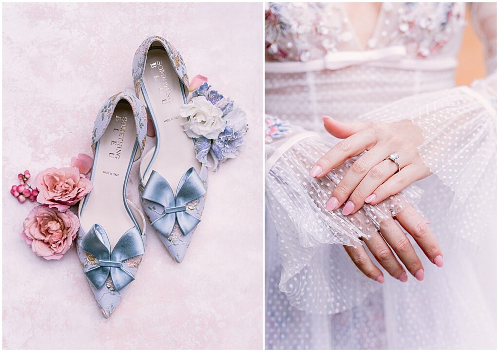 Lace wedding gown detailing and blue shoes for wedding At Villa La Cassinella