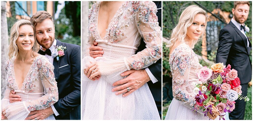 Bride and groom portraits at lake como, bride wearing tiered lace dress with intricate detailing, groom wearing black tux holding bright colored florals