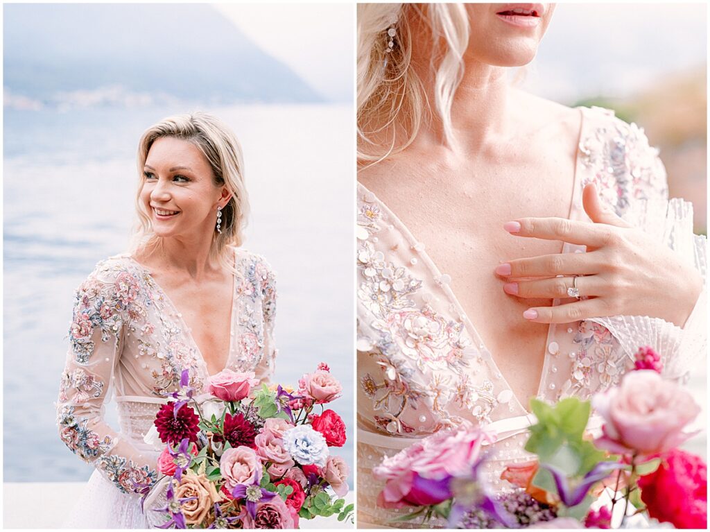 Bridal details including delicate lace dress and bright colored florals