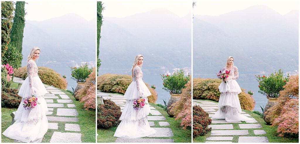 Bride at wedding At Villa La Cassinella overlooking lake como wearing tiered lace dress and colorful floral bouquet
