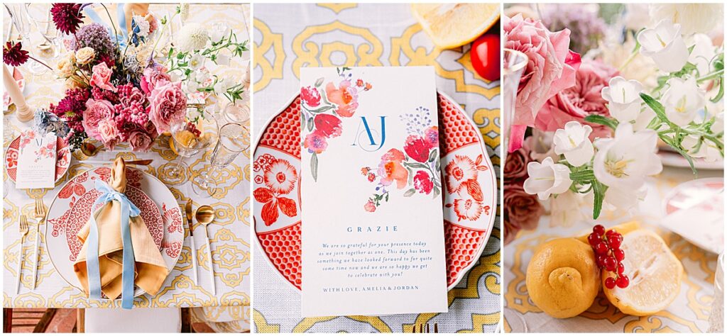 colorful wedding place settings with citrus fruits, gold flatware and red floral embellished plates