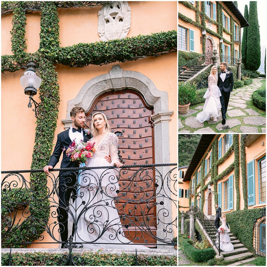 Bride and groom portraits in the grounds of Villa La Cassinella, Lake Como
