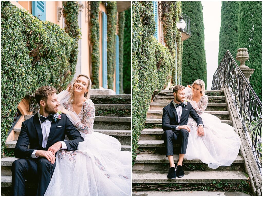 Bride and groom portraits in the grounds of Villa La Cassinella, Lake Como