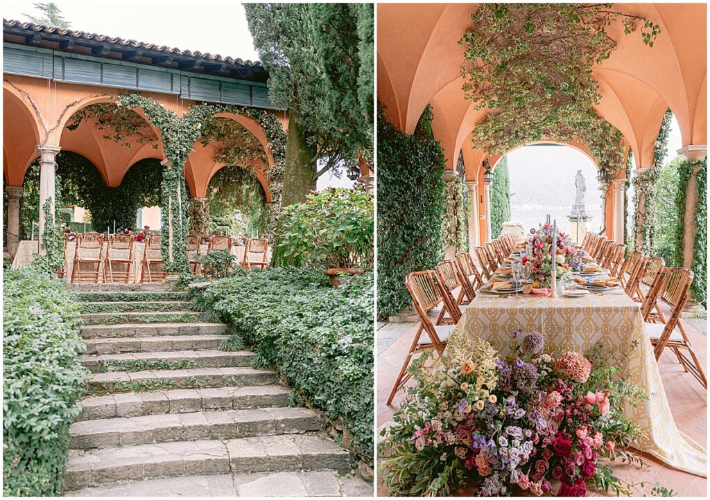 long wedding reception table set up with colorful florals at Villa La Cassinella, Lake Como
