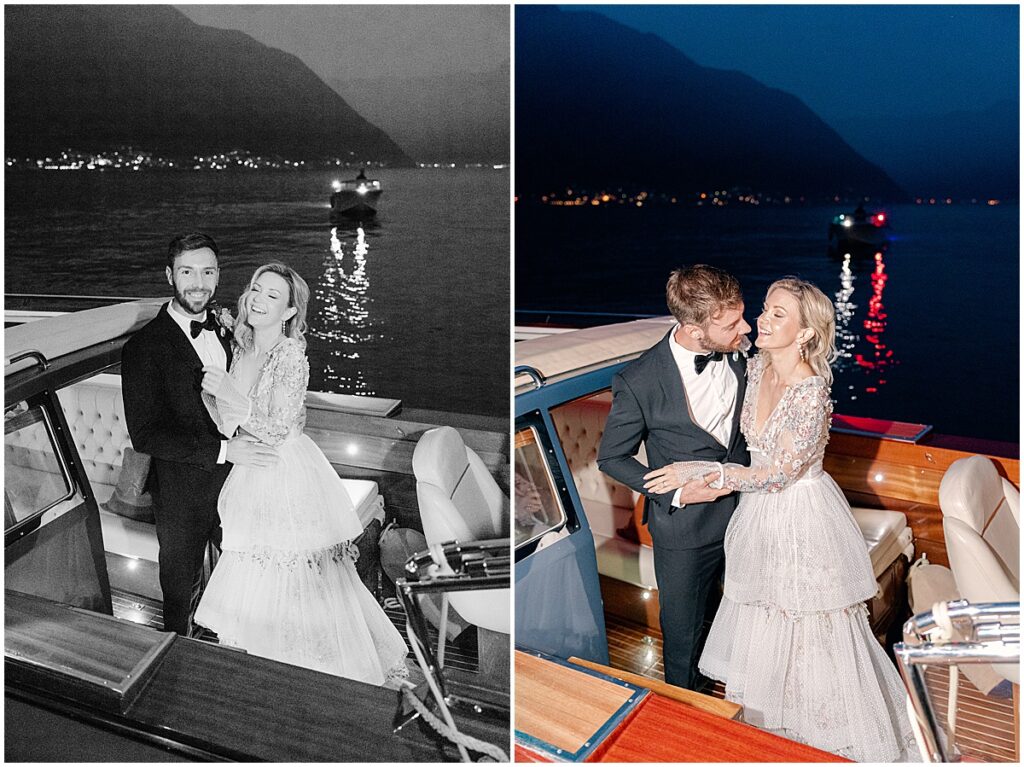 Bride and groom on a boat at night at Lake Como