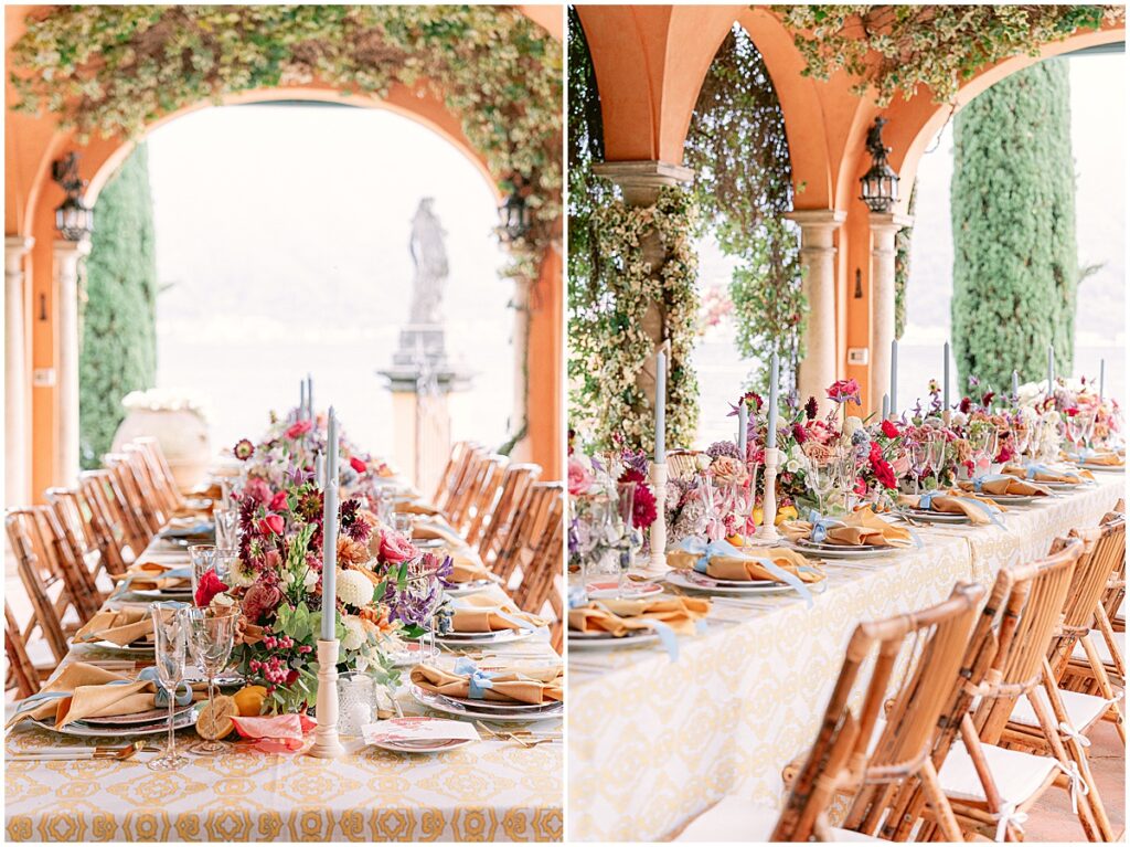 long wedding reception table set up with colorful florals at Villa La Cassinella, Lake Como