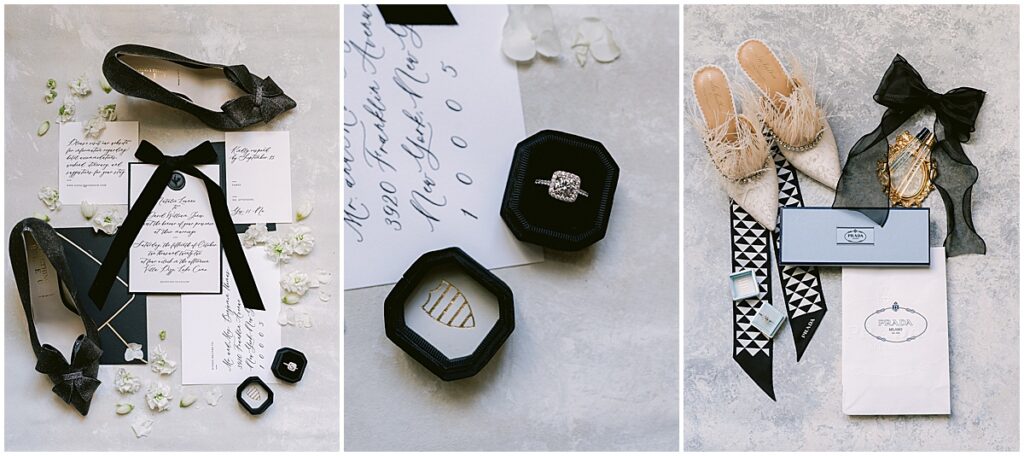 Black and white themed wedding at Villa Pizzo Lake Como. Wedding details include shoes, perfume, rings and invitations