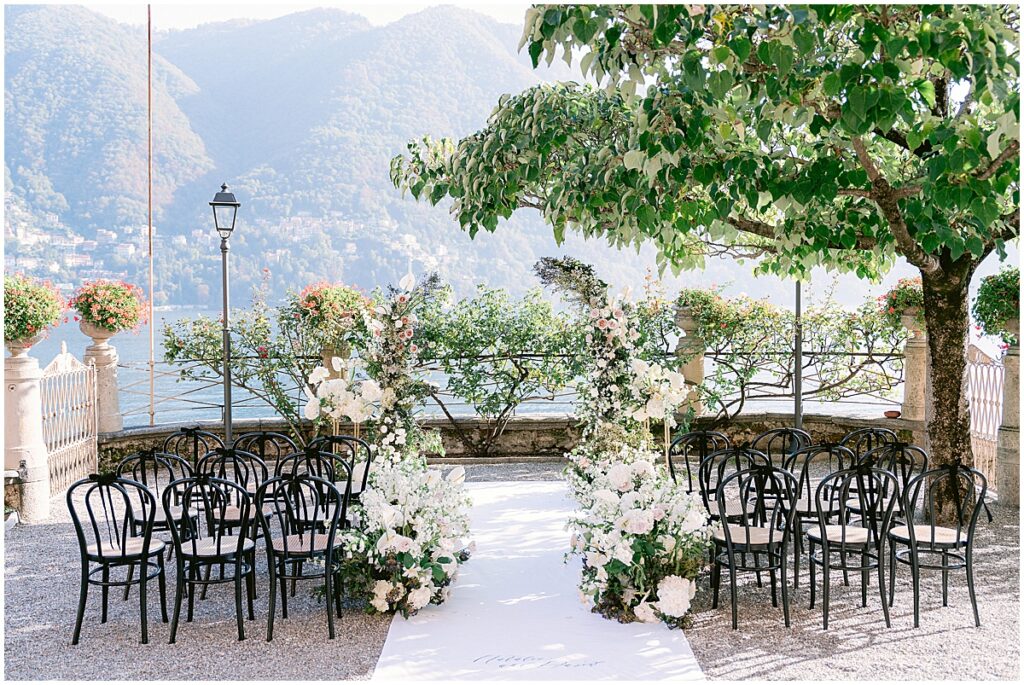 Wedding ceremony set up at Villa Pizzo, overlooking Lake Como.
