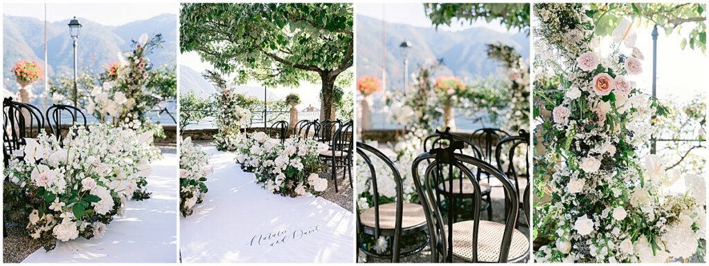 Wedding ceremony details including ivory florals, white runner and black chairs