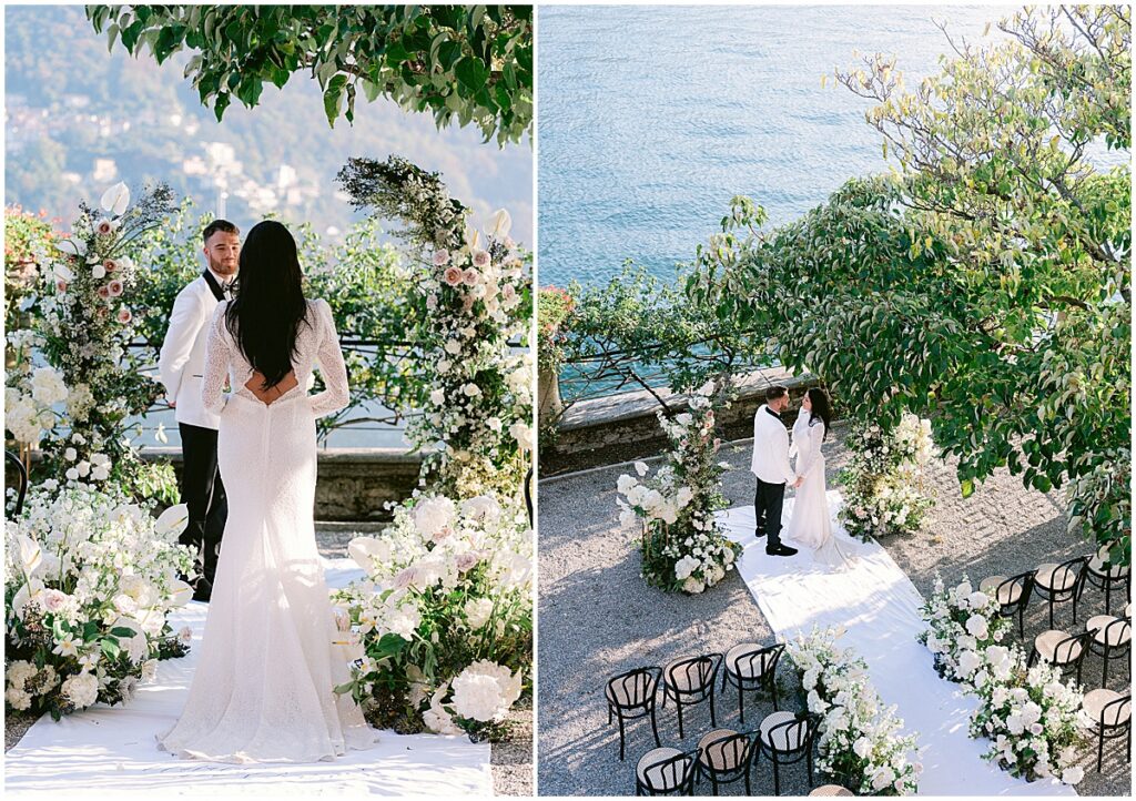 Bride and groom at wedding ceremony at Villa Pizzo, overlooking Lake Como