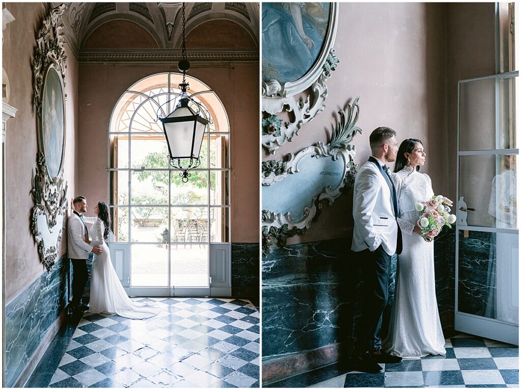 Bride and groom looking out inside Villa Pizzo, Lake Como