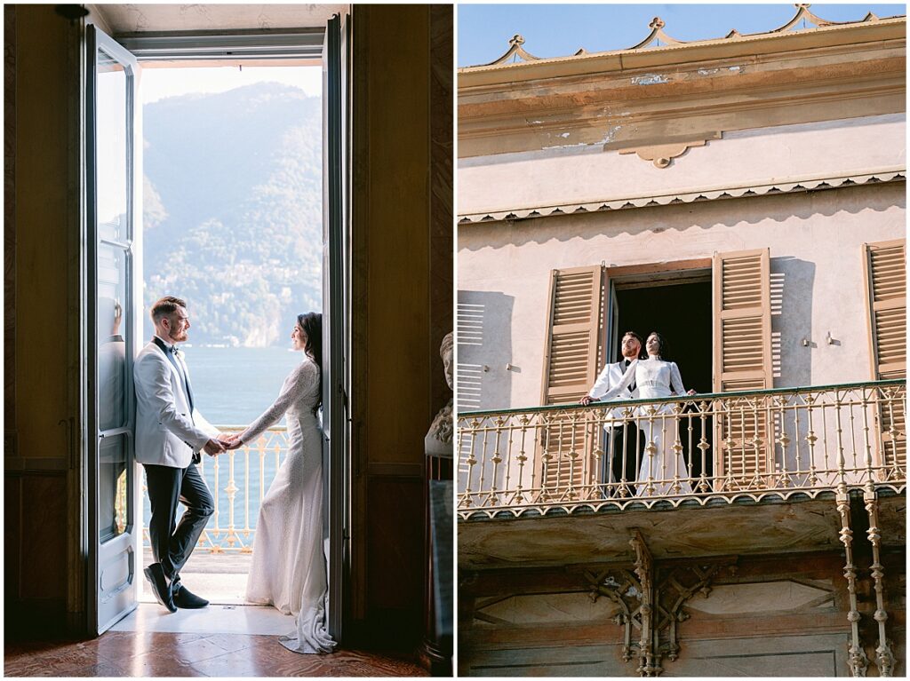 Bride and groom on the balcony looking out at Lake Como