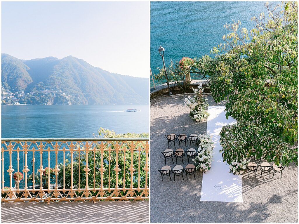 View over lake como and wedding ceremony set up at Villa Pizzo, Lake Como