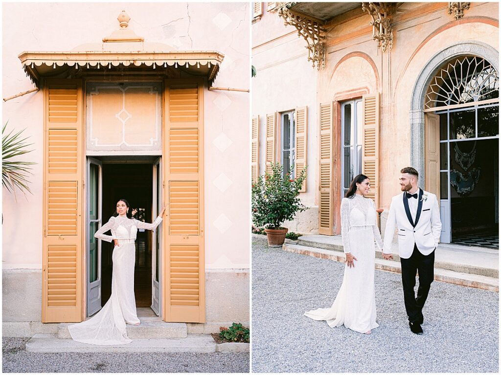 Bride and groom walking the grounds of Villa Pizzo, lake como