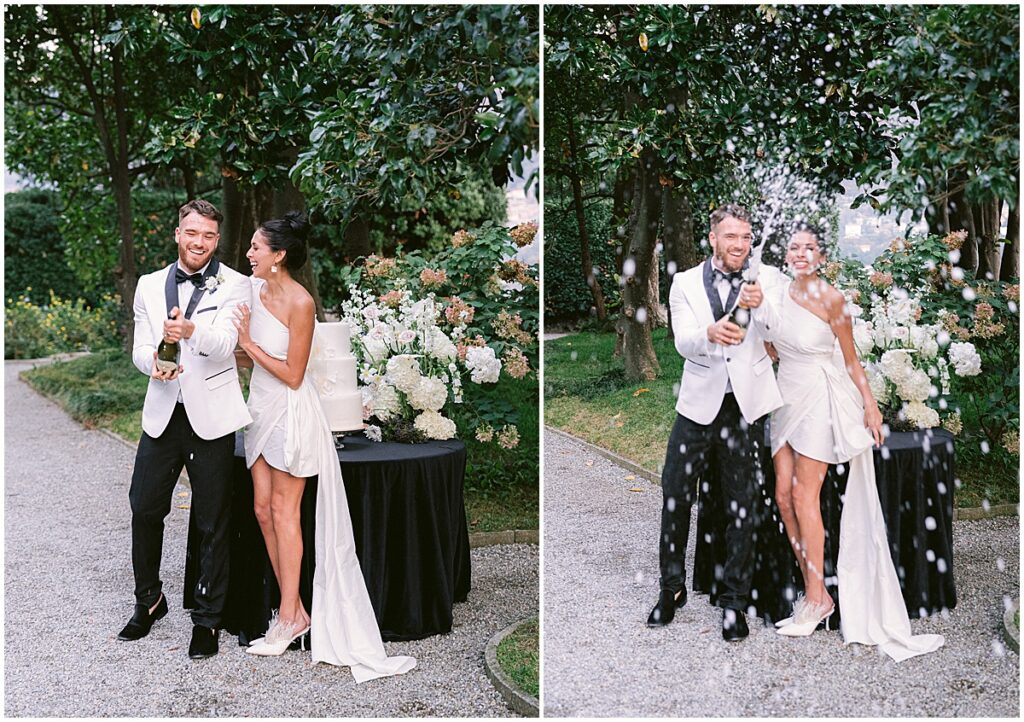 Bride and groom popping champagne at wedding at Villa Pizzo Lake Como